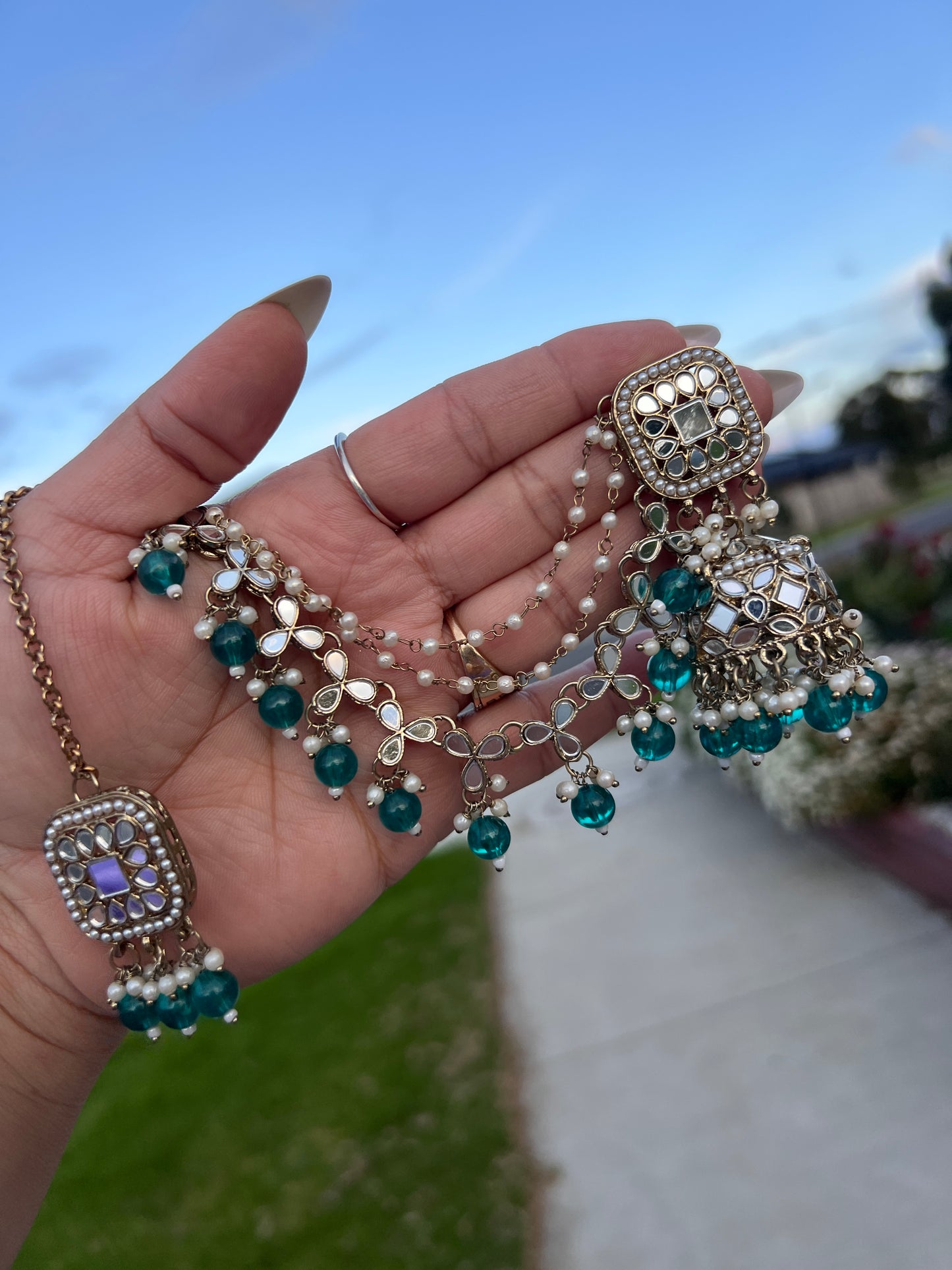 Teal Bahubali jhumka & tikka set