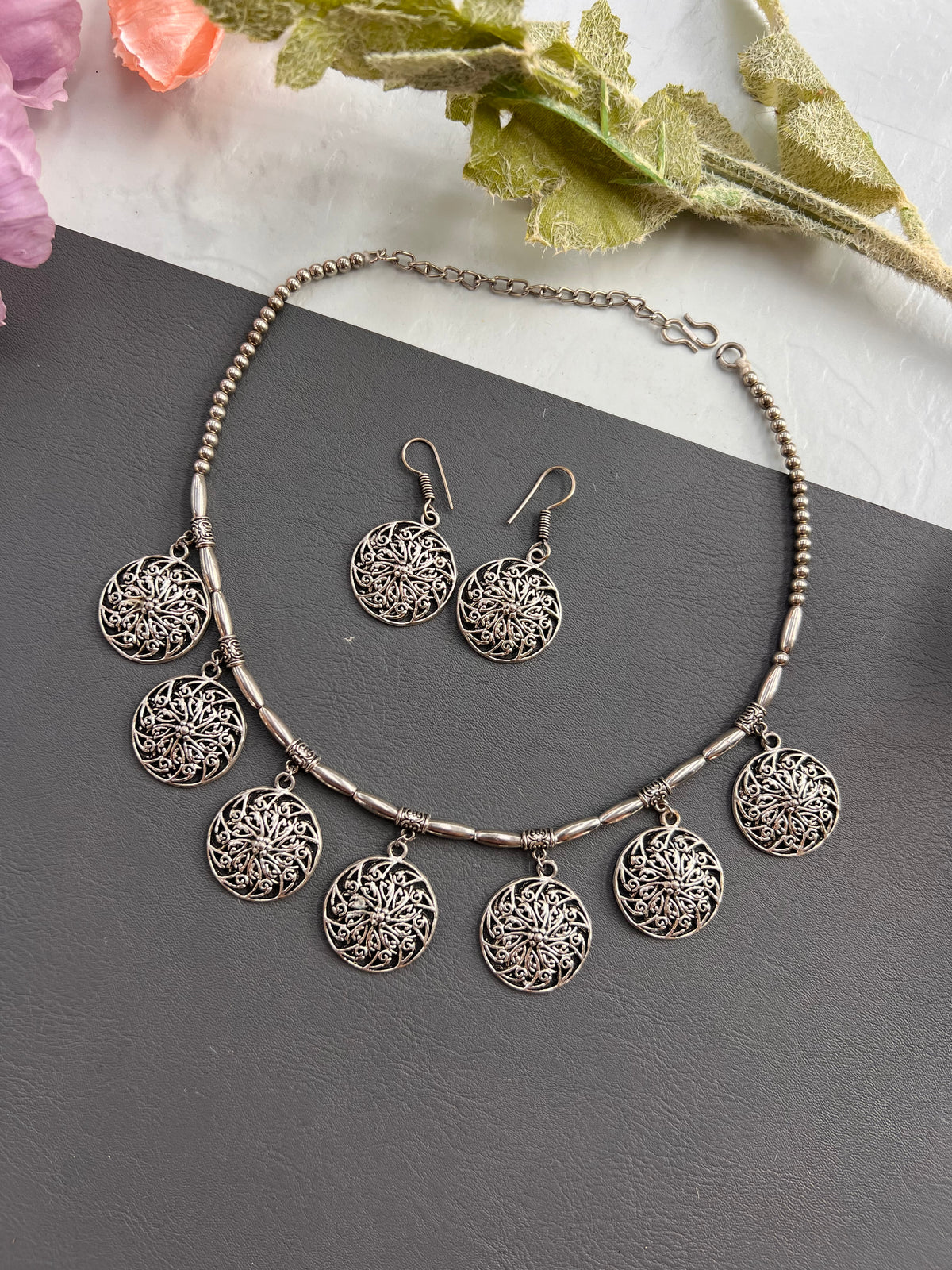Vintage Filigree Coin Oxidised Necklace Set