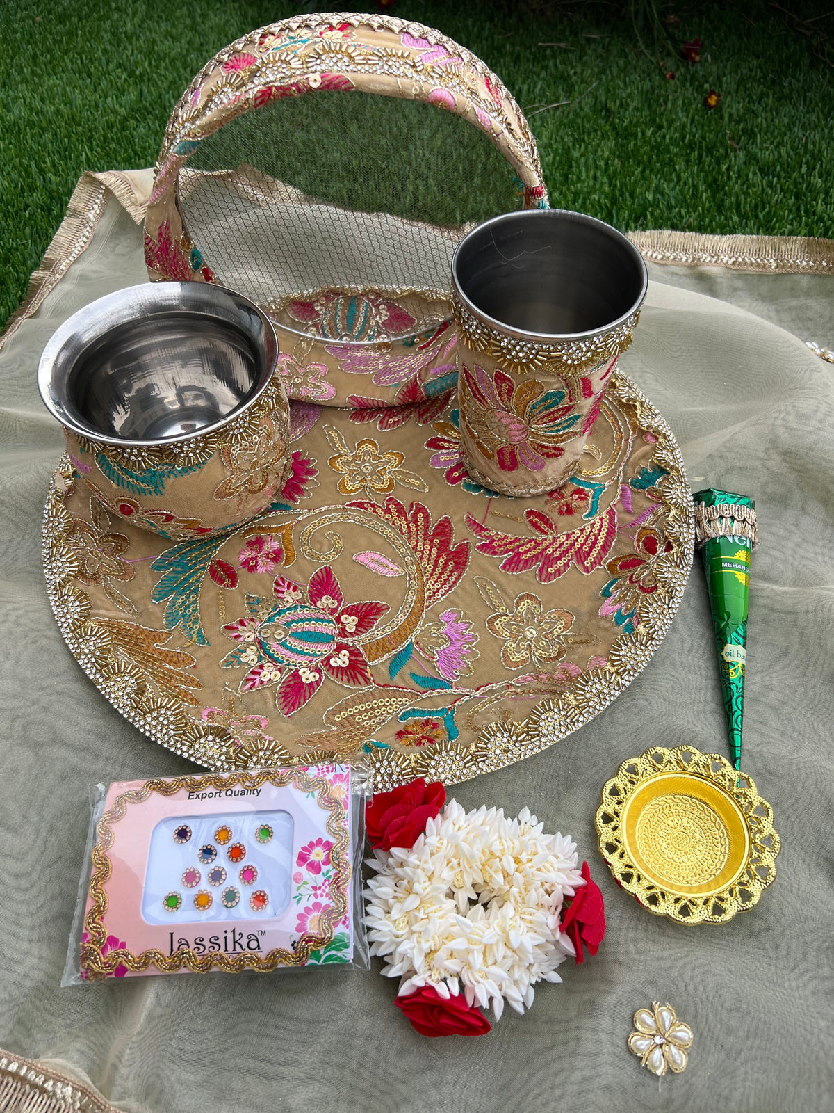 Royal Pastel Floral Handcrafted Karwa Chauth Thali Set