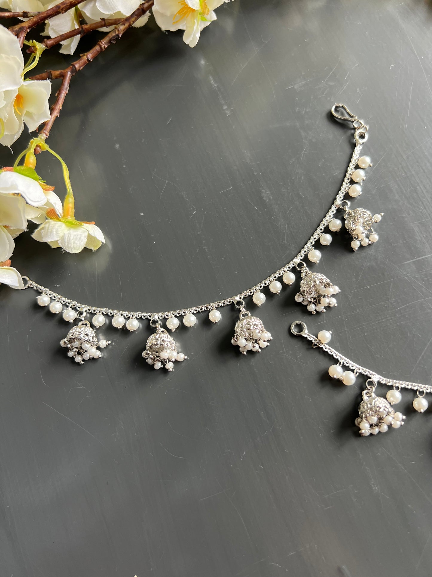 Silver jhumki ear chains