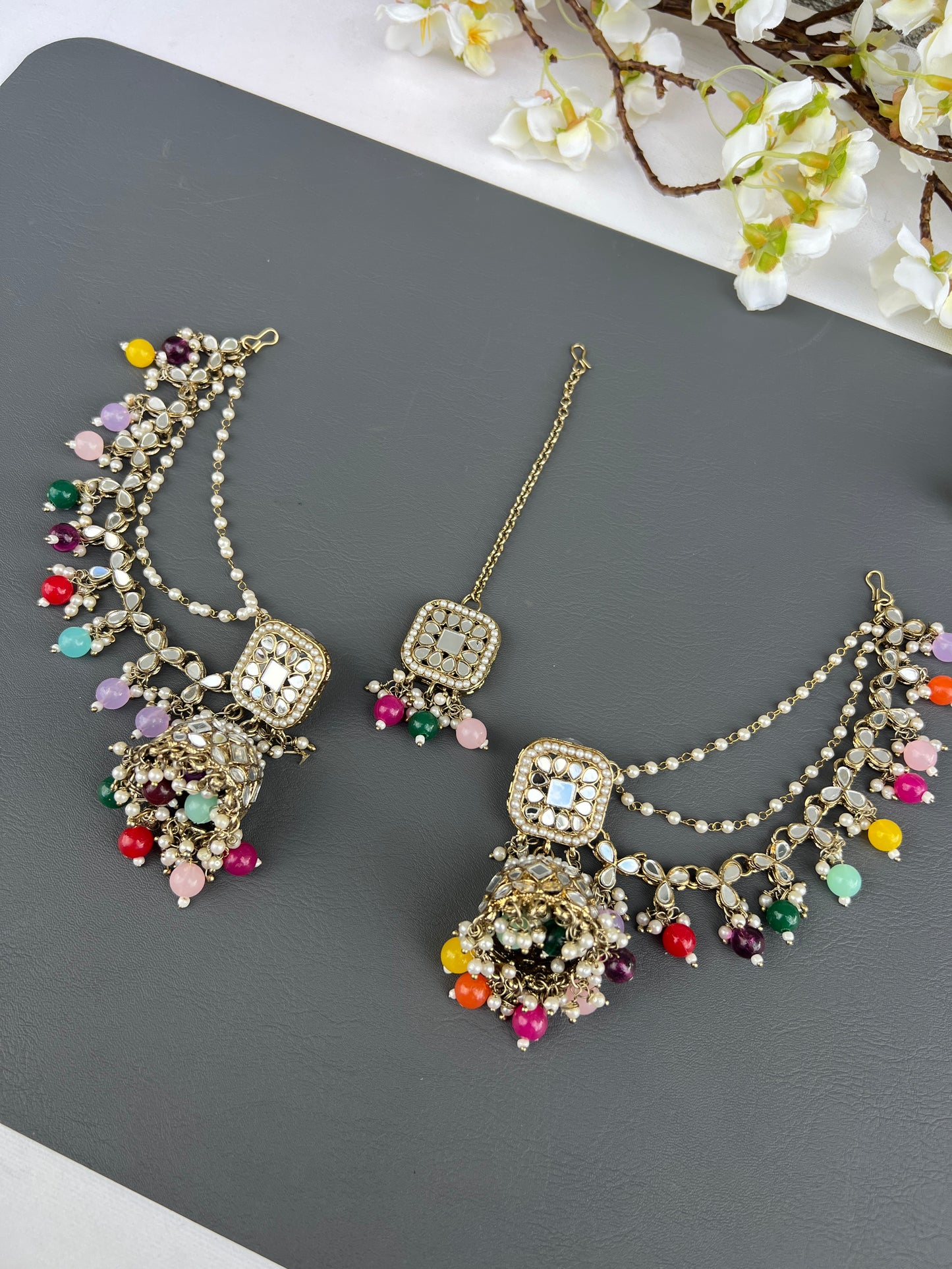 Rasika mirror earrings and tikka
