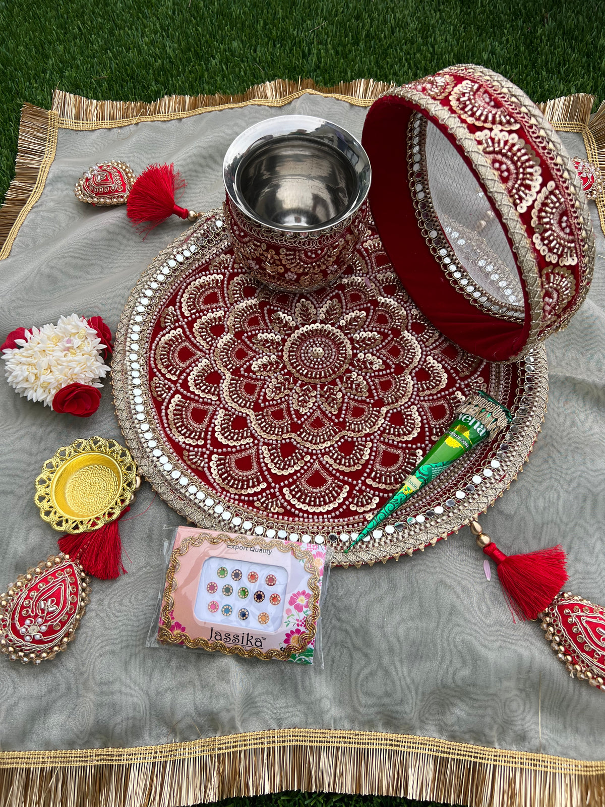 Royal Maroon Velvet Karwachauth Thali Set