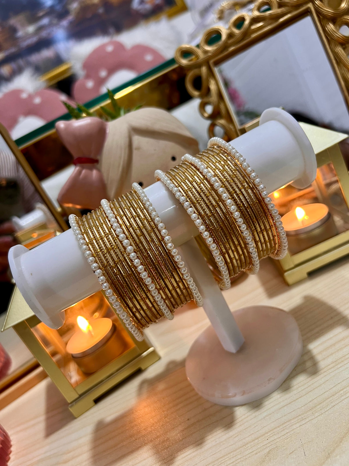 The Empress Pearl & Textured Gold Bangle Stacks