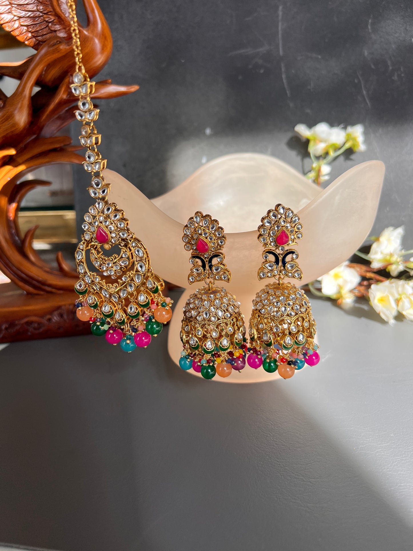 Sargun jhumka tikka set
