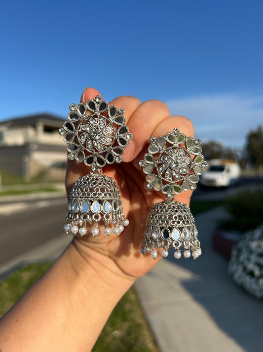 Silver mirror jhumka