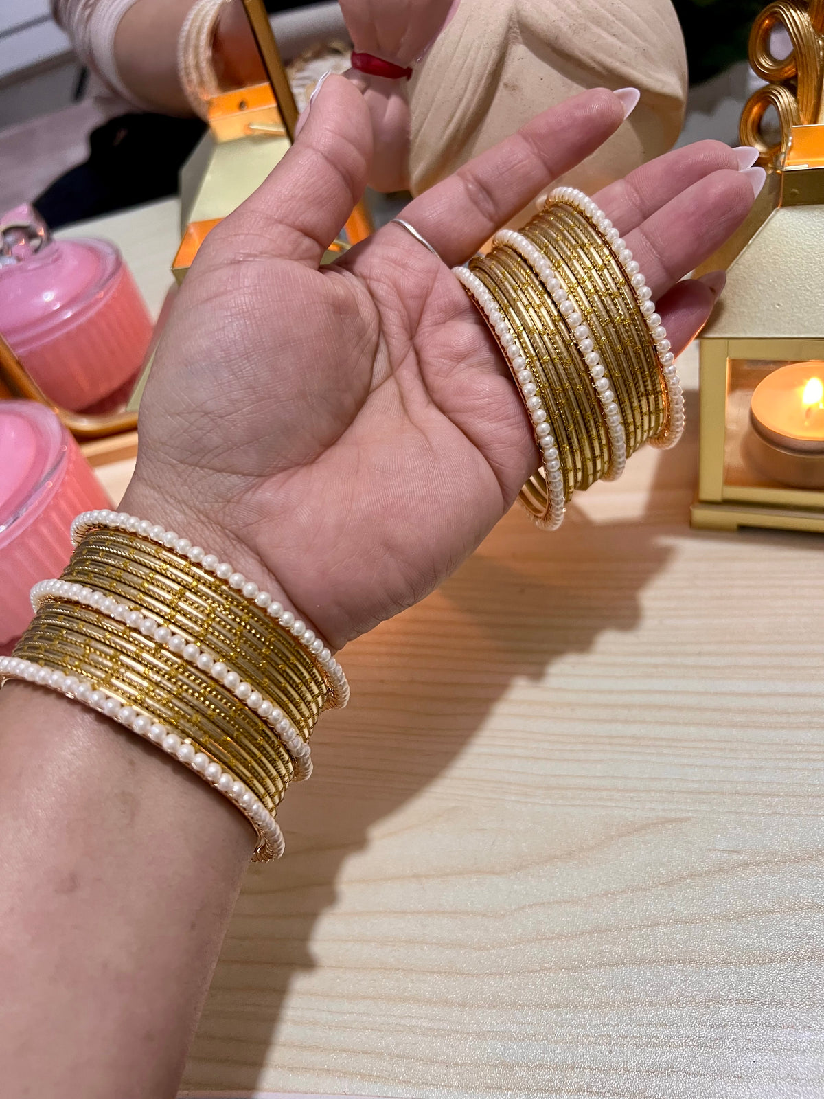 The Empress Pearl & Textured Gold Bangle Stacks