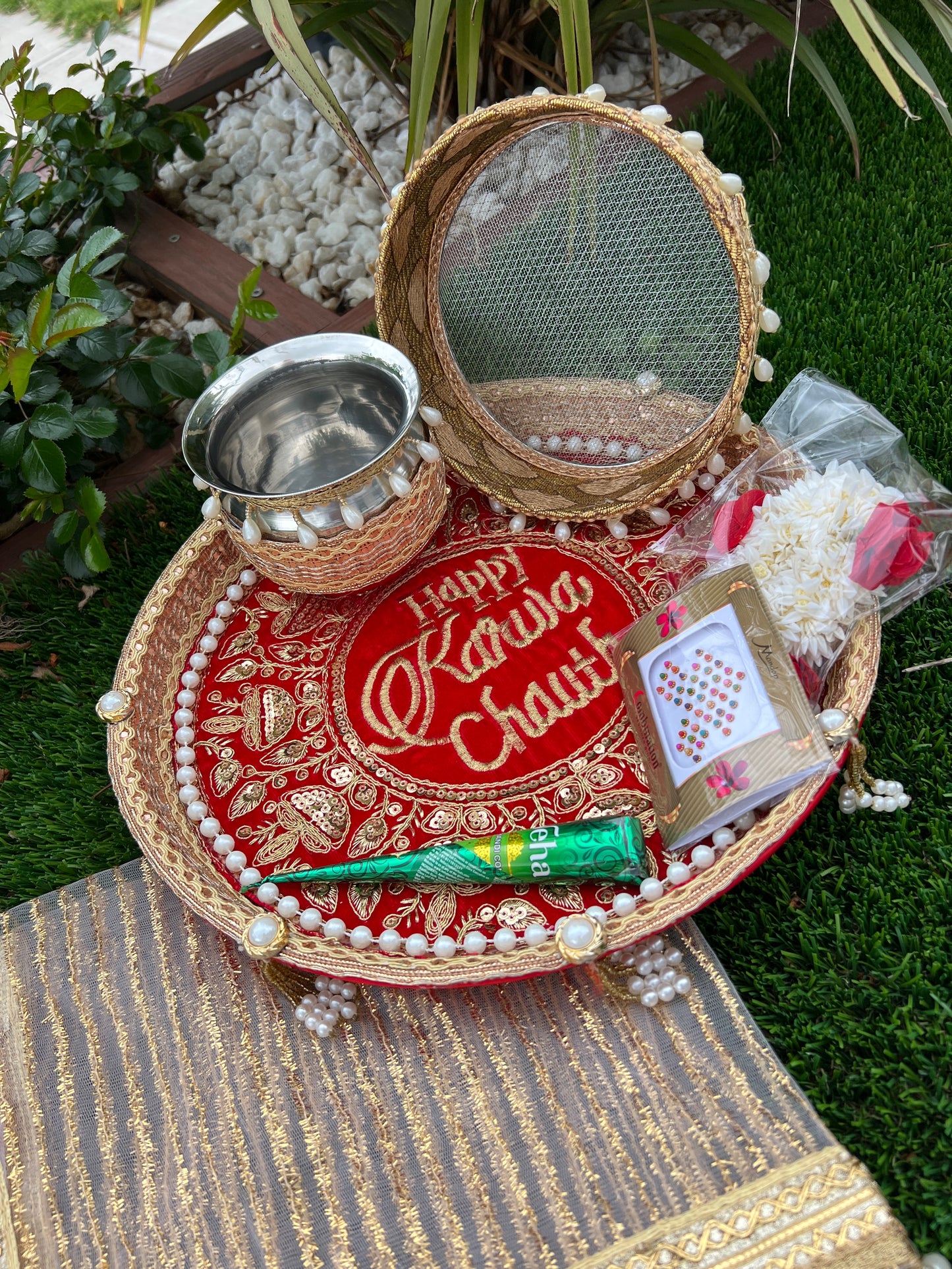 Happy Karwa chauth Embroidered thali set