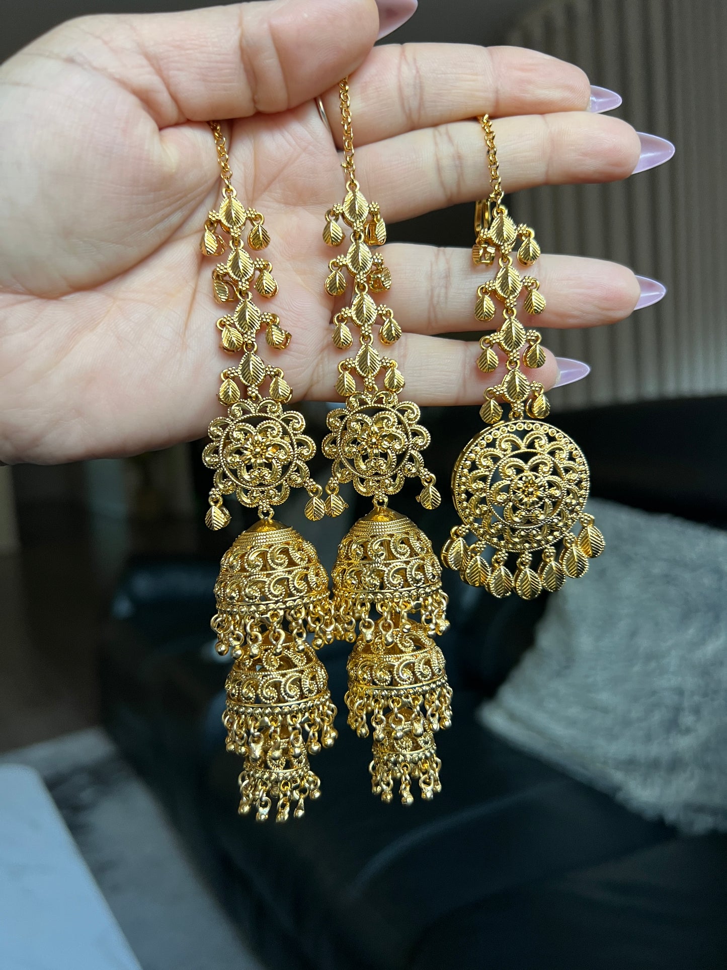 Raashi Next to real gold plated triple jhumki tikka set