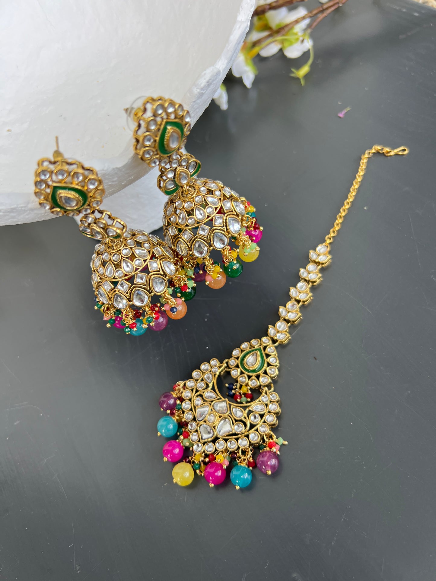 Sargun kundan earrings & tikka
