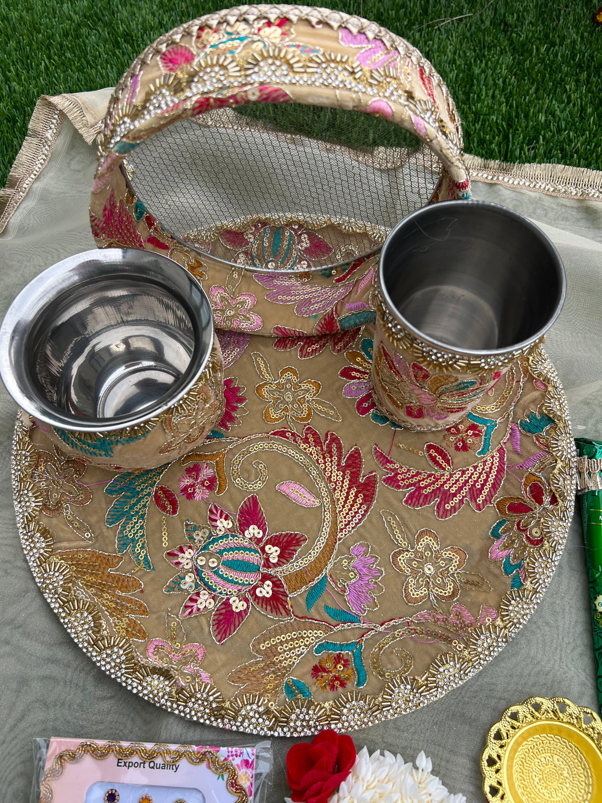 Royal Pastel Floral Handcrafted Karwa Chauth Thali Set