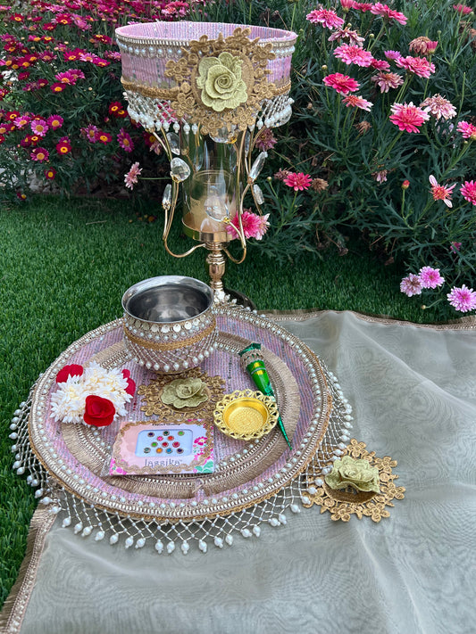 Pink and Gold Embellished Karwachauth Thali Set