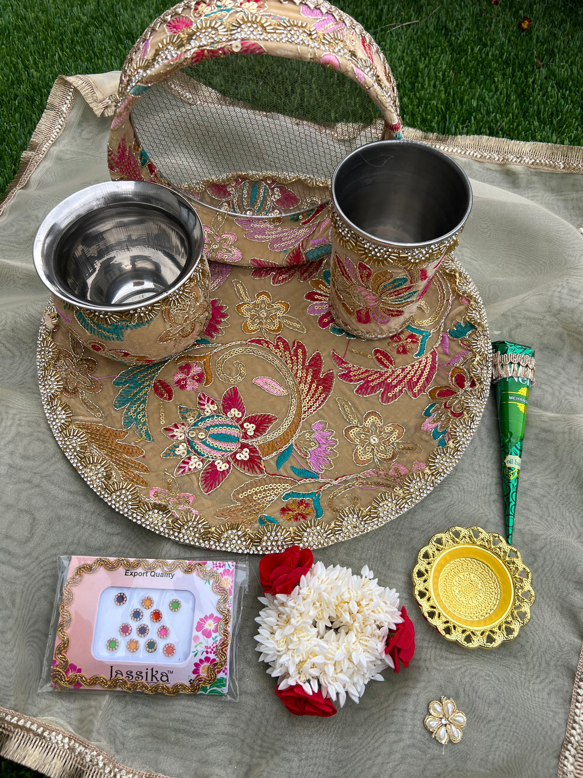 Royal Pastel Floral Handcrafted Karwa Chauth Thali Set