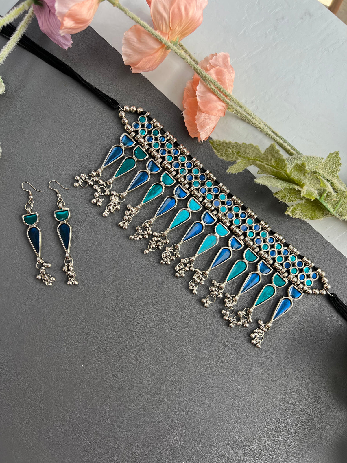 Royal Teal & Cobalt German Silver Choker Set