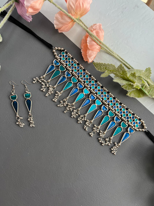 Royal Teal & Cobalt German Silver Choker Set
