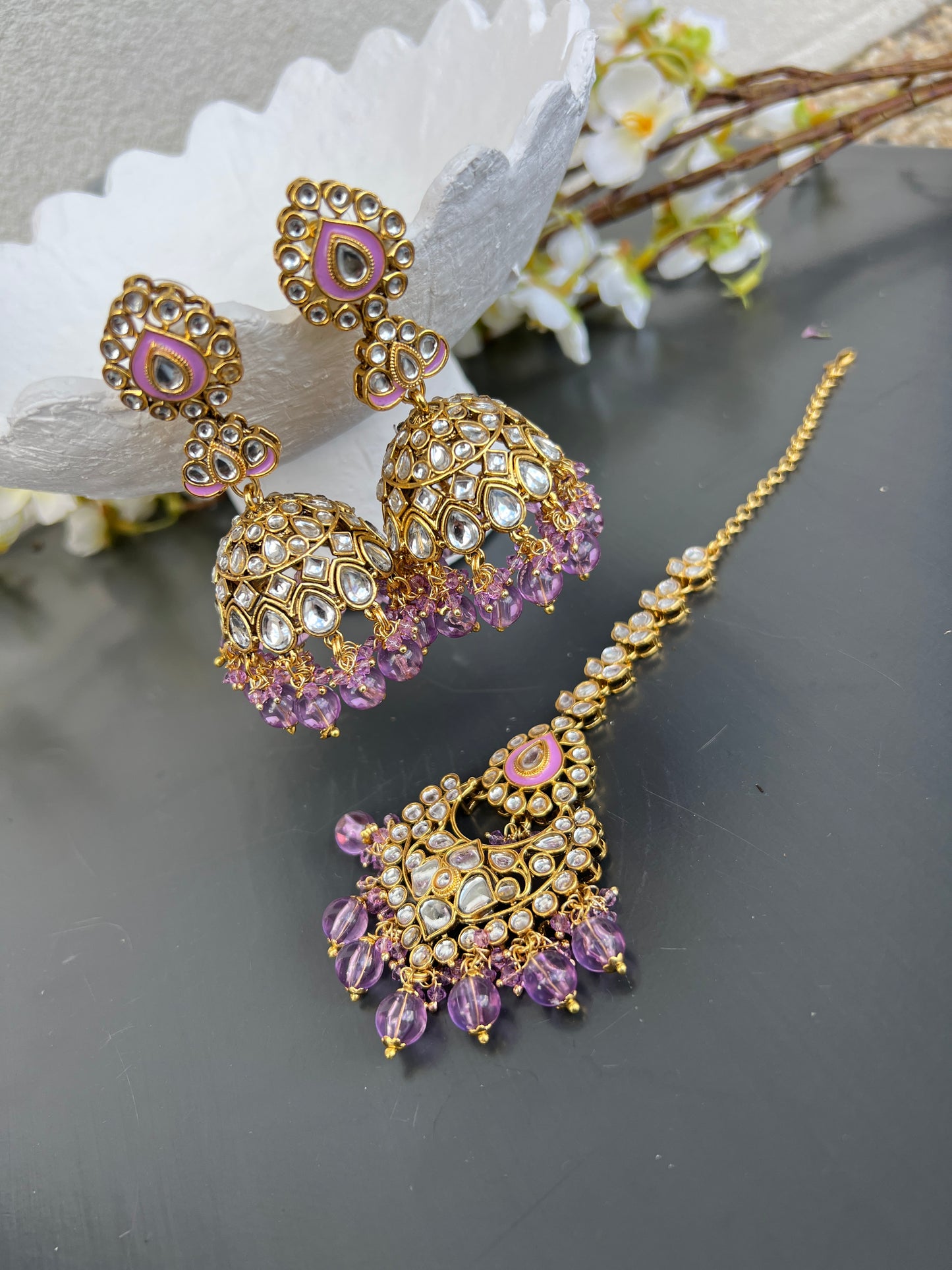 Sargun kundan earrings & tikka