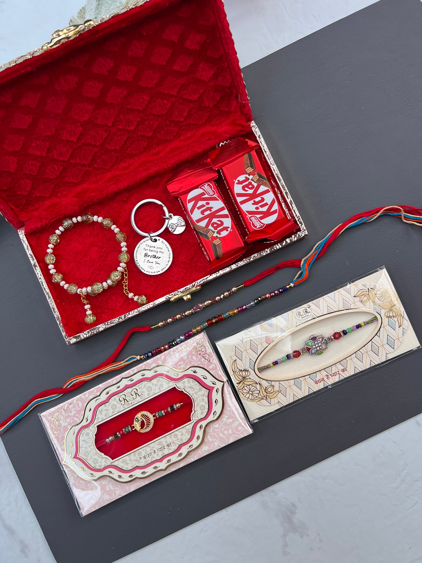 Rakhi / Rakhdi Gift Hamper Box with Gifts - (All in one with Assorted designs (Rakhdi according to availability )