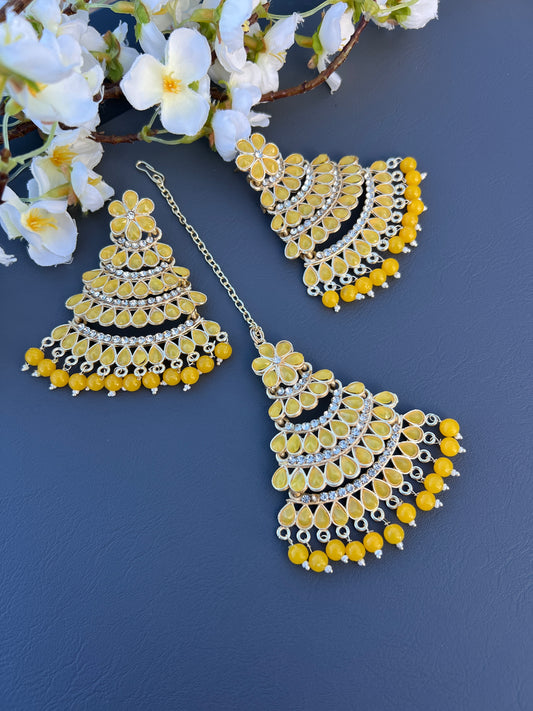 Yellow earrings & tikka