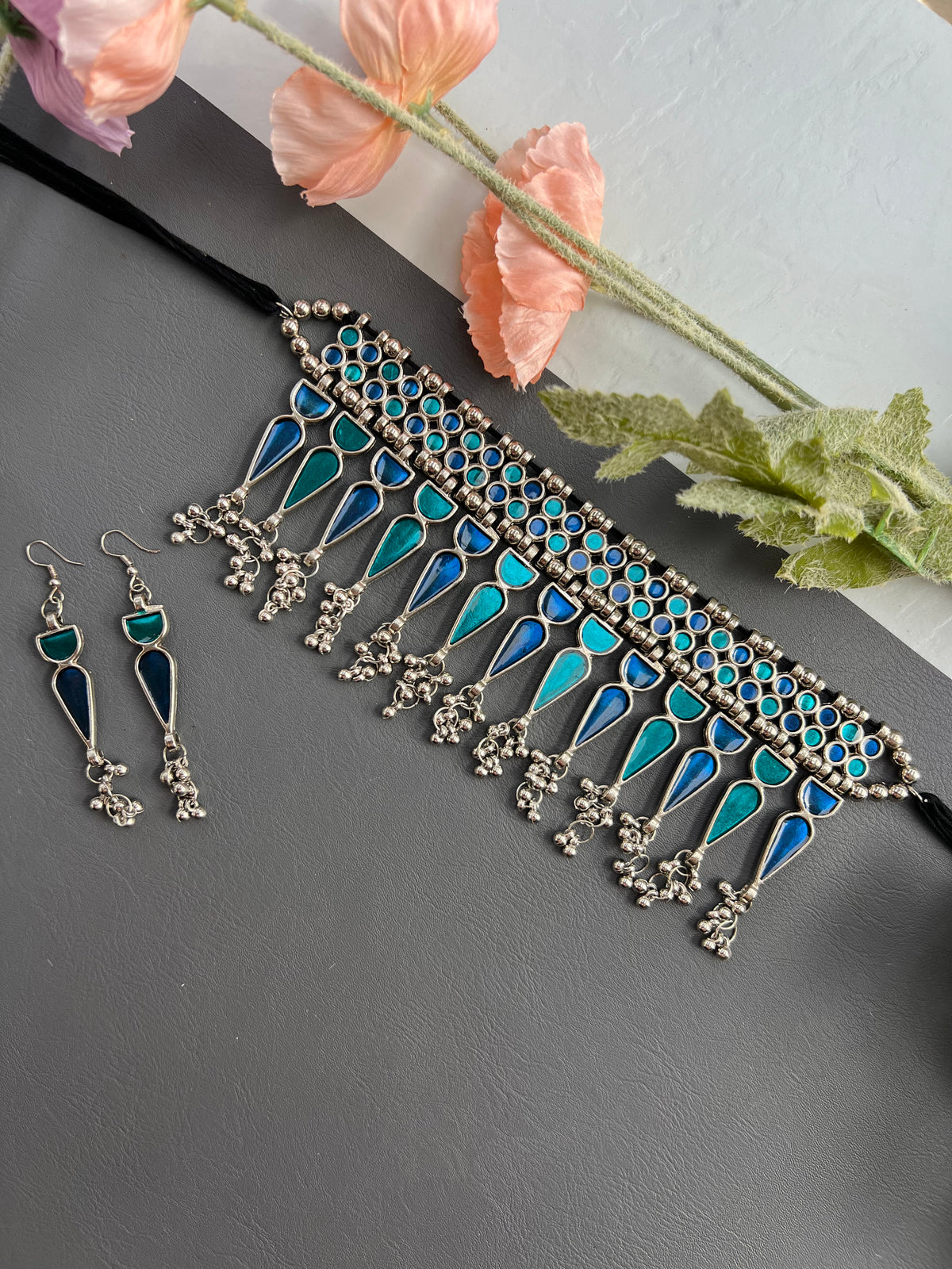 Royal Teal & Cobalt German Silver Choker Set