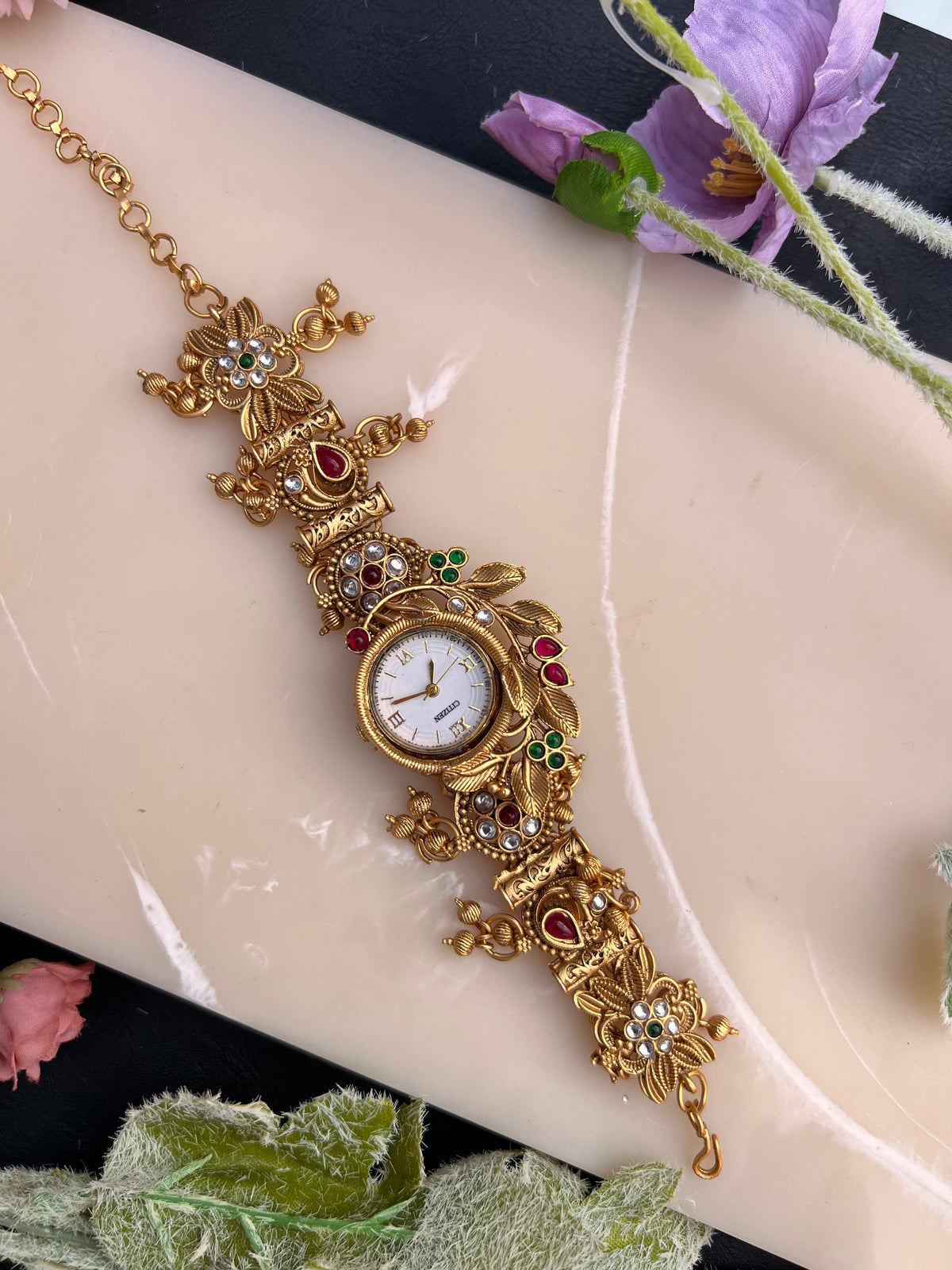 Viraasat Antique Gold Floral Kada Watch