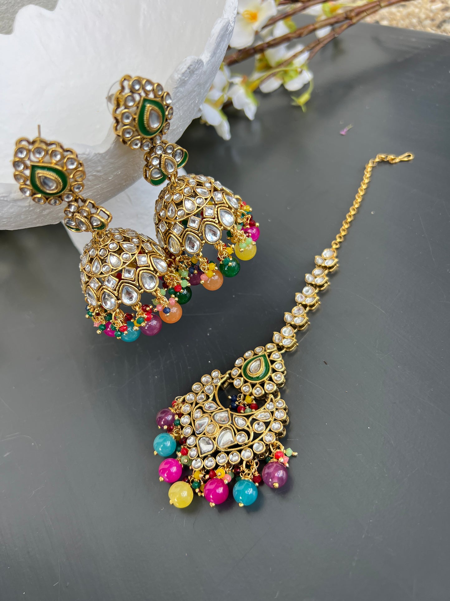 Sargun kundan earrings & tikka