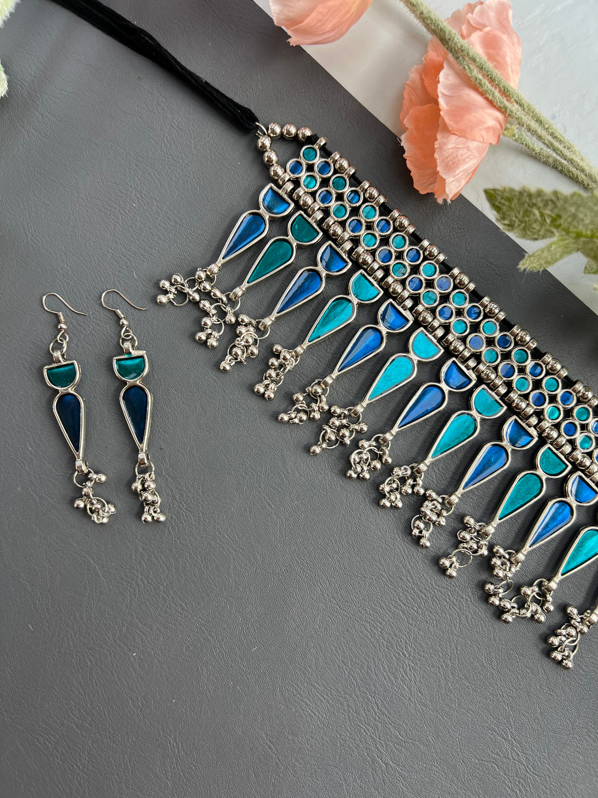 Royal Teal & Cobalt German Silver Choker Set