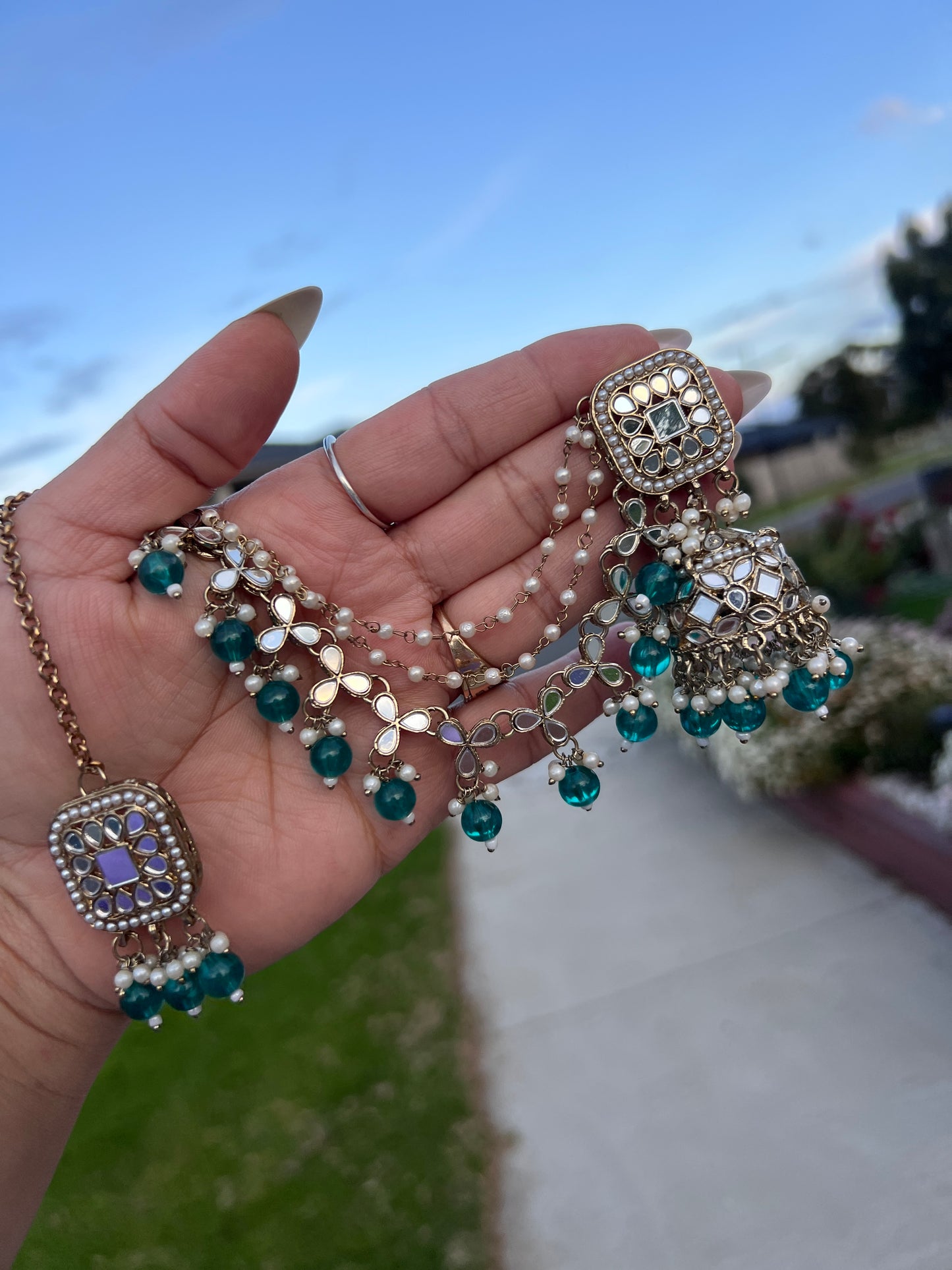 Teal Bahubali jhumka & tikka set