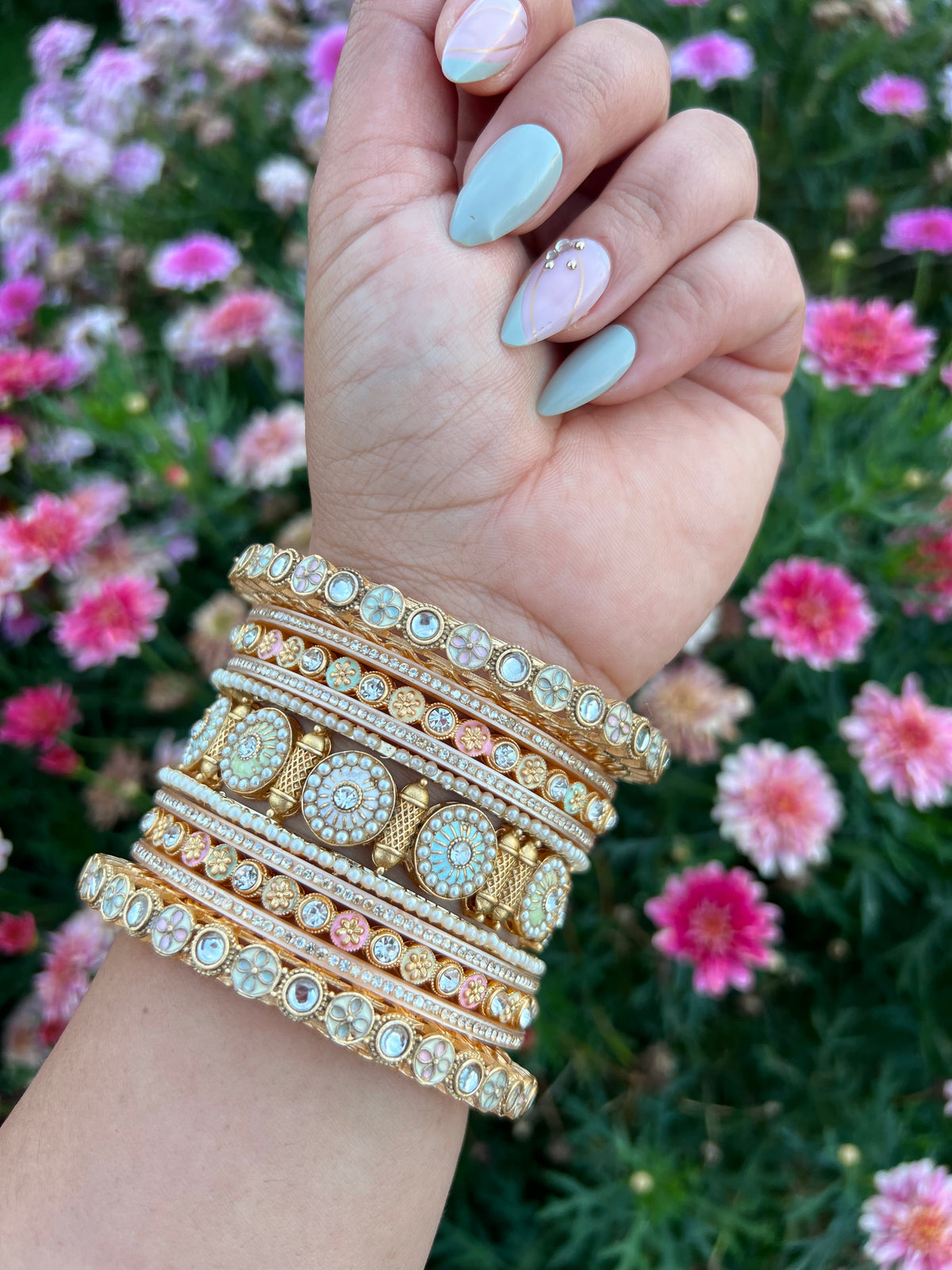 Blooming Grace Pastel Pearl & Kundan Bangles Set( Both hands)