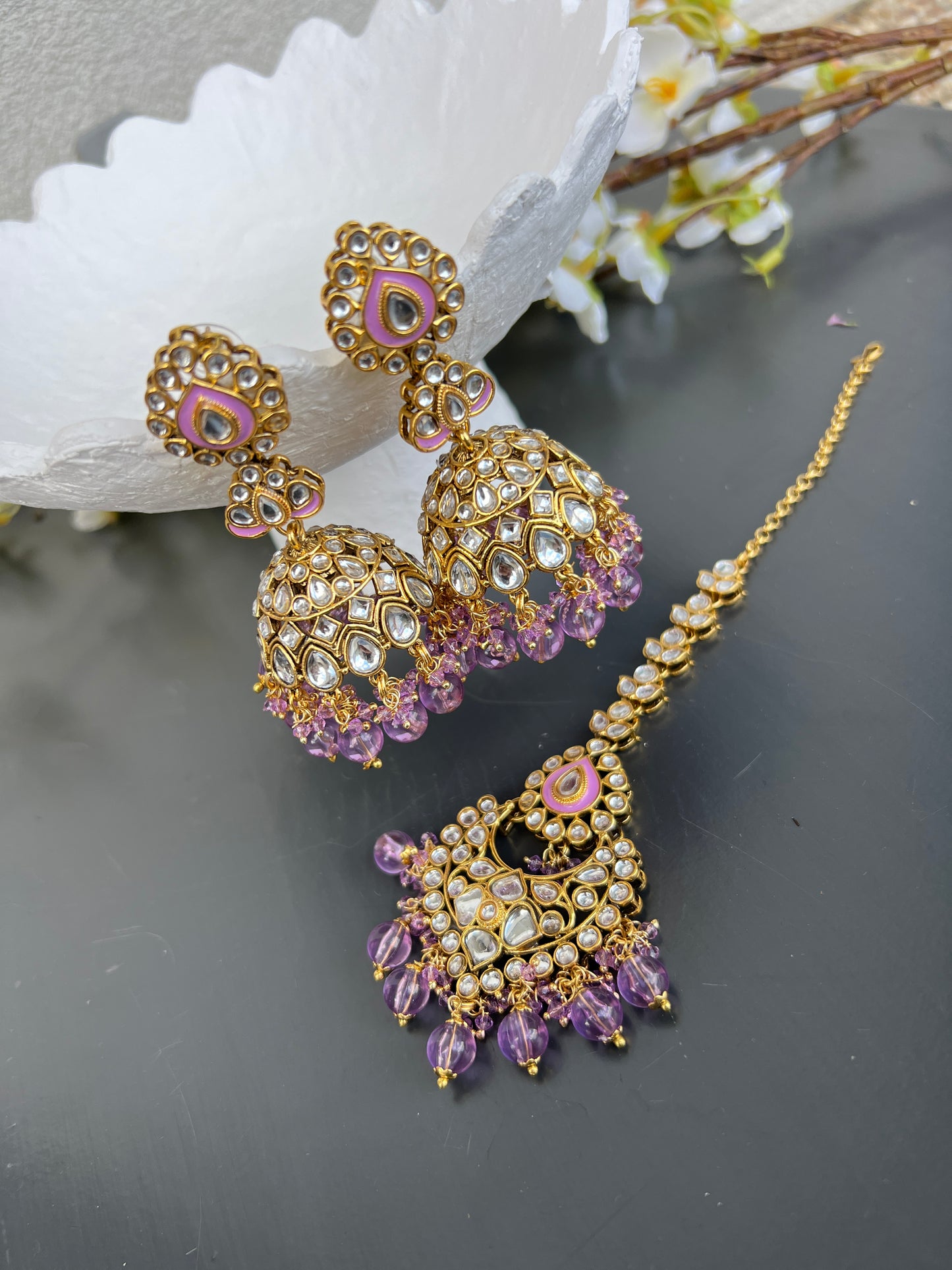 Sargun kundan earrings & tikka