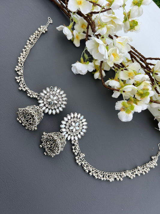 Silver jhumka with ear chains