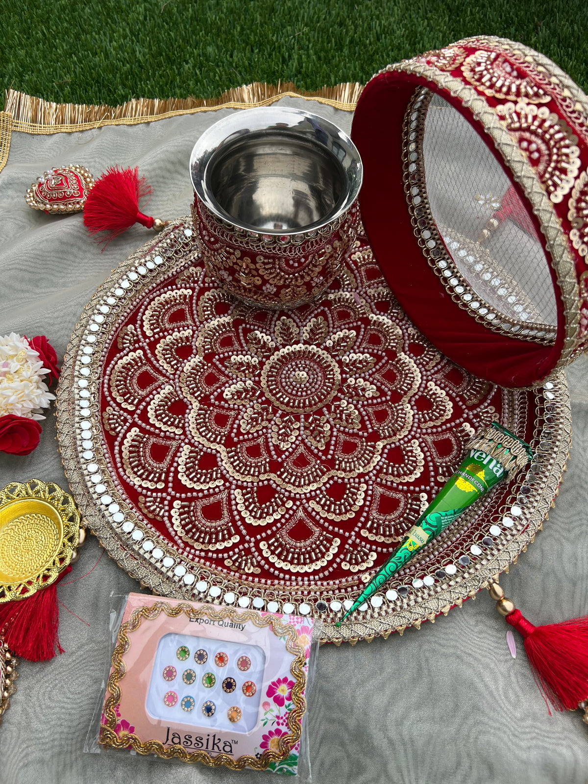 Royal Maroon Velvet Karwachauth Thali Set