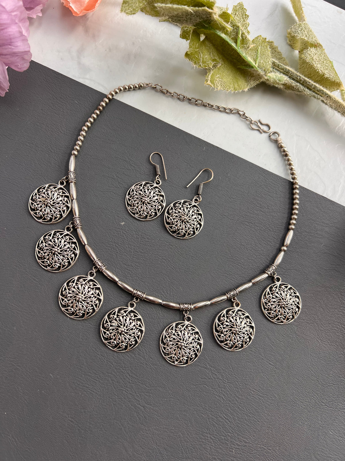 Vintage Filigree Coin Oxidised Necklace Set
