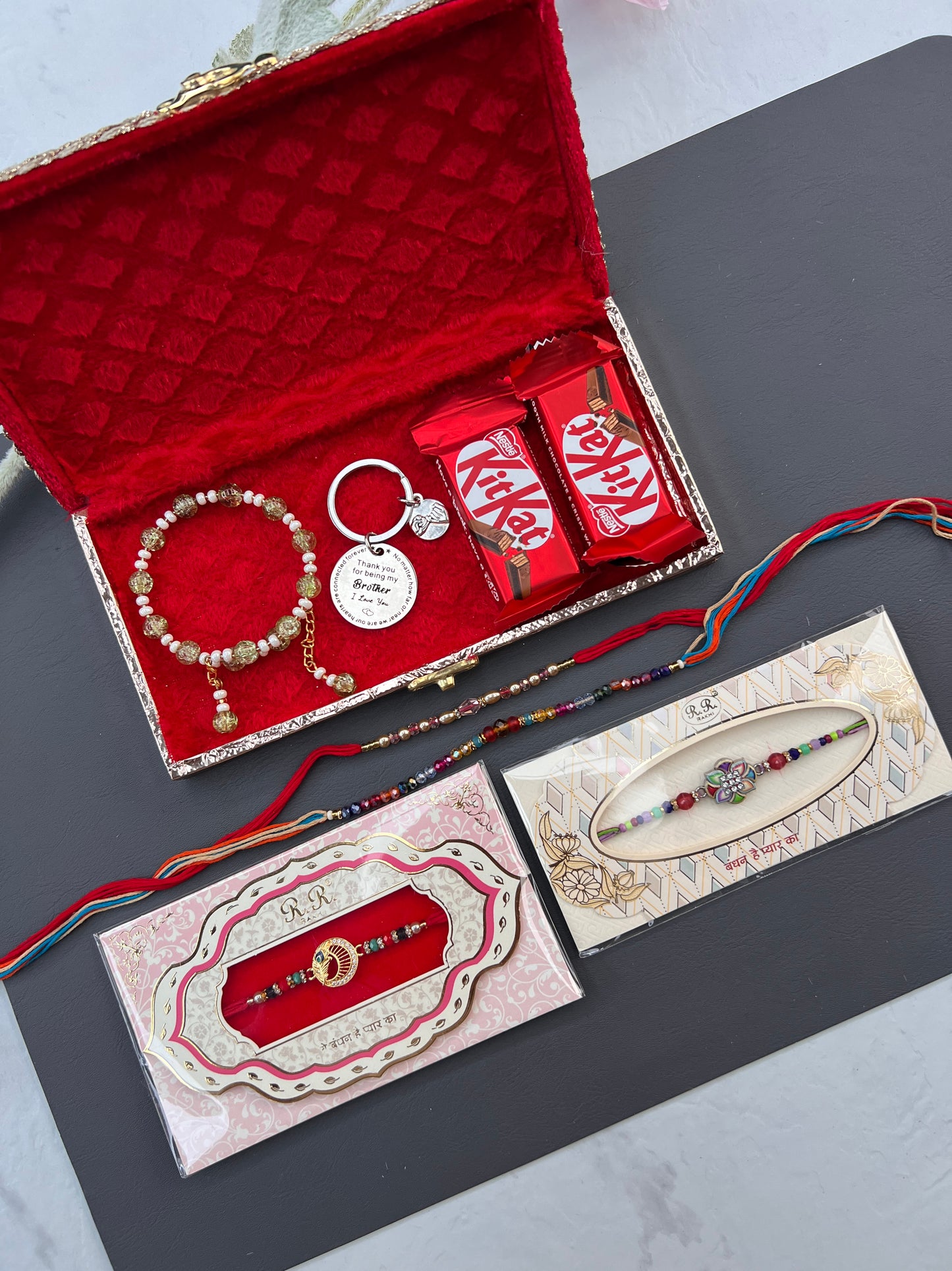 Rakhi / Rakhdi Gift Hamper Box with Gifts - (All in one with Assorted designs (Rakhdi according to availability )