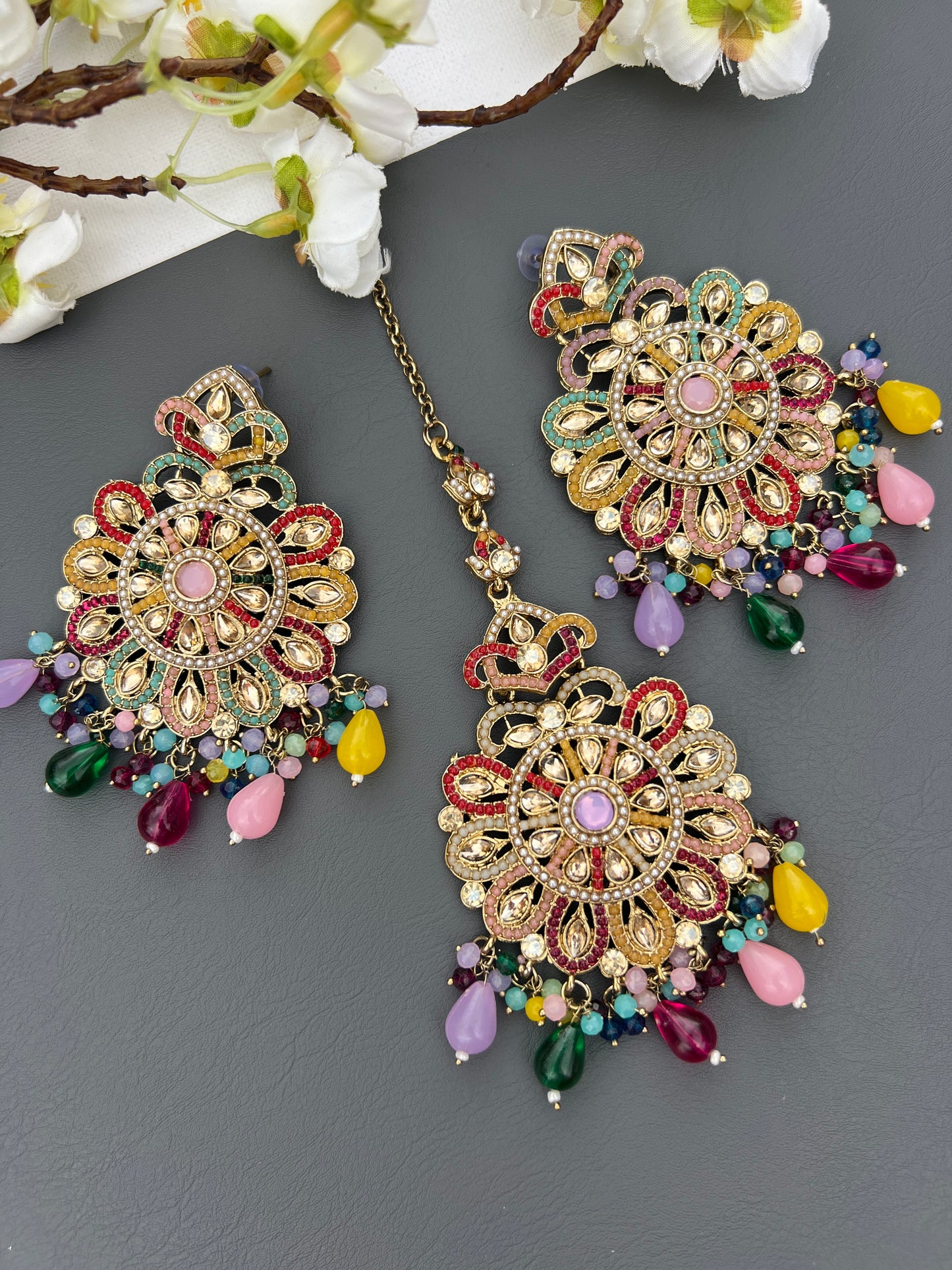 Pakistani large earrings and tikka set