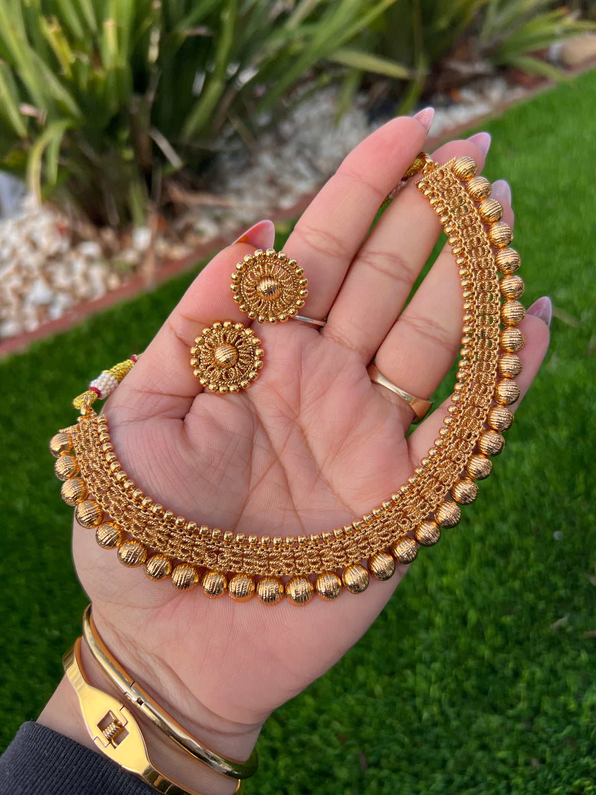Aadhya Woven Gold Bead Necklace Set