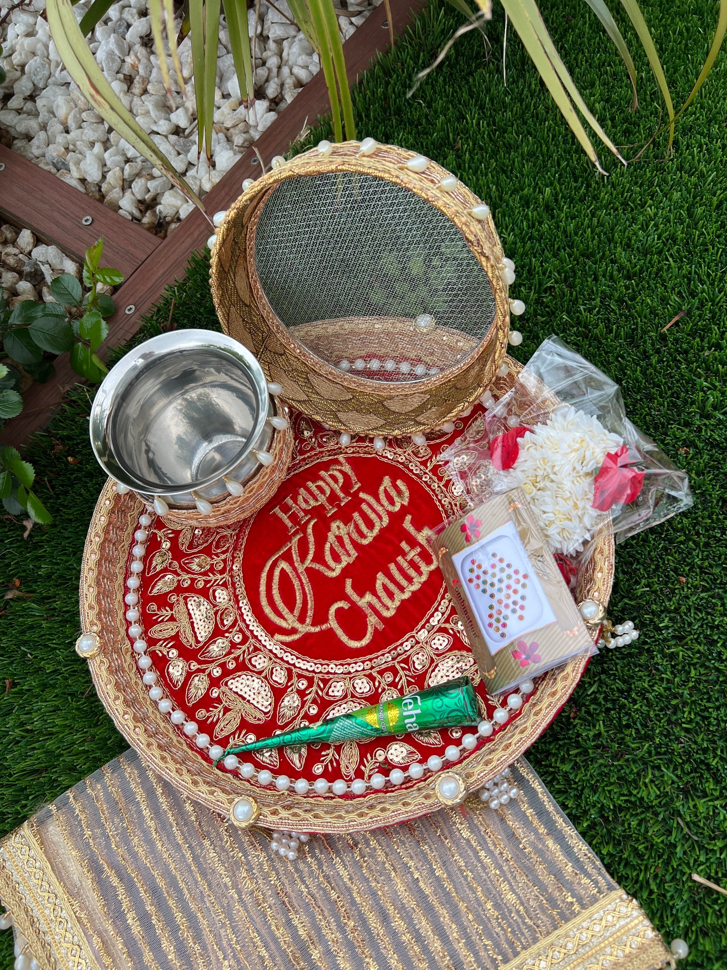 Happy Karwa chauth Embroidered thali set