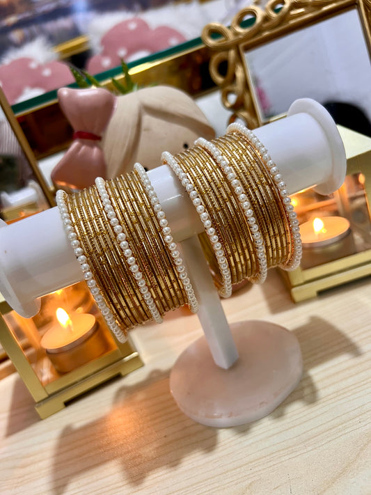 The Empress Pearl & Textured Gold Bangle Stacks